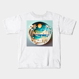 3D Effect Papercut Art - Beach Scene Kids T-Shirt